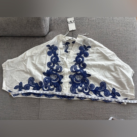 Zara White Cotton Embroidered Cropped Blouse Size M - Picture 12 of 16
